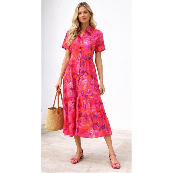 Vilagallo Dresses & Skirts - Vilagallo Eveline‎ Tropical Pink Floral Button Front Midi Dress Resort Vacation